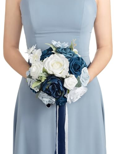 Ling's moment Dsuty Blue Bridal Bouquet for Bride, Navy Blue Wedding Bouquets for Bride Maid of Honor Bridesmaid, 9 Inch Silk Round Artificial Wedding Flowers Bouquets, Small Bridesmaid Bouquet