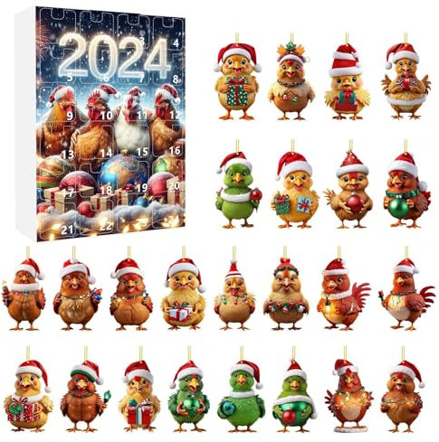 Weihnachtskalender 2024 für Kinder Frauen Männer | Christmas Adventskalender | Weihnachts Gnome Snowman Countdown Kalender | 24 Tage Weihnachtsbaumschmuck Deko Figuren Geschenk (Hühner, 26x18CM)
