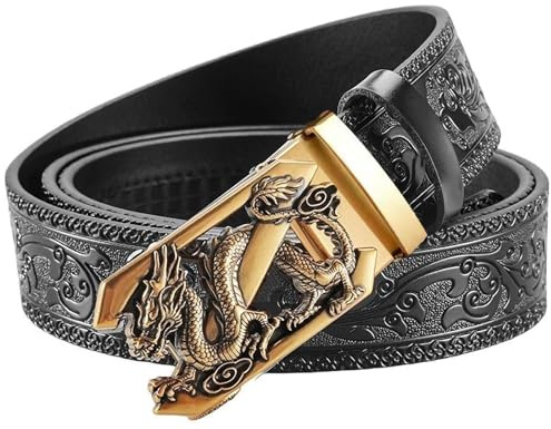 VJK Cinture da uomo di lusso con incisione vintage testa di drago fibbia automatica in lega, cinturino in pelle da uomo, cintura regolabile più facile, taglio per adattarsi, cintura casual a