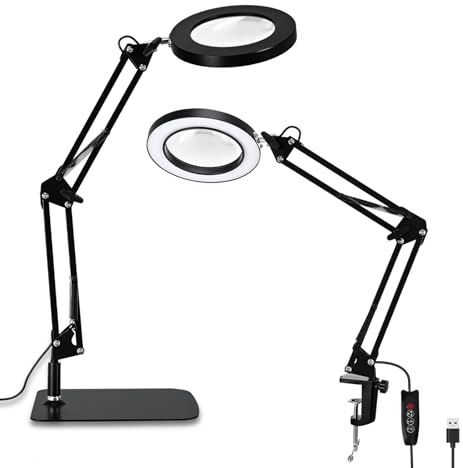 Lychee 10-fache Lupe mit Licht und Ständer, 3 Farbmodi, stufenlos, dimmbar, Glaslupe, freihändig, 2-in-1-Schreibtischlampe mit schwerer Sockelklemme, LED-beleuchtete Lupe für Reparaturen, Handwerk,