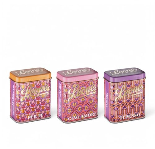 Leone depuis 1857 - Pastilles Leone Assorties Rafraîchissantes - Collection Love Pattern - Bonbons Assortis Végans et Sans Gluten - 3 Petites Boîtes en métal de 30g (3 x 30gr)