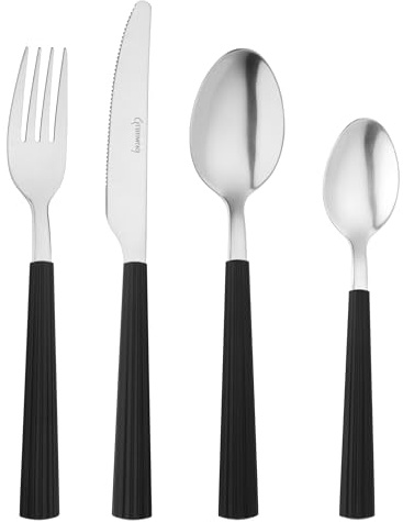 Grunwerg Bistro Cutlery, 16 Piece Set, 18/0 Stainless Steel, Striped Handle, Black
