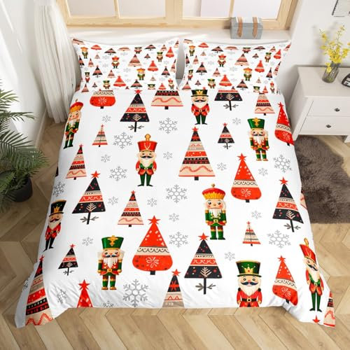 Nutcracker Christmas Decor Duvet Cover Set Double Size,Christmas Tree Bedding Set 3Pcs for Kids Teens Boys Girls,Nutcracker Soldier Comforter Cover Snowflake Print White Quilt Cover,2 Pillowcases