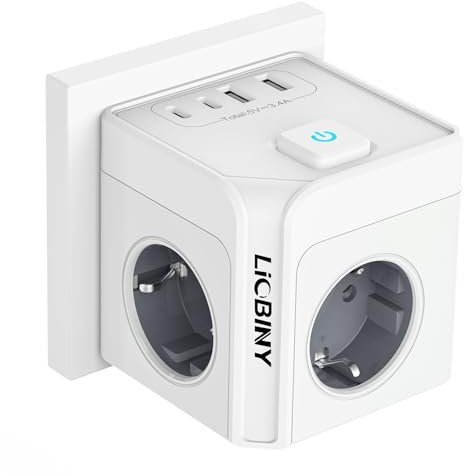 7 en 1 Cubo Enchufe con 4 USB, Regletas Enchufes con 3 Tomas de CA Ladron Enchufes, Múltiples Pared 3680W 16A Enchufe Multiple con Interruptor, Cargador Enchufe USB C para Familia y Oficina, Blanco