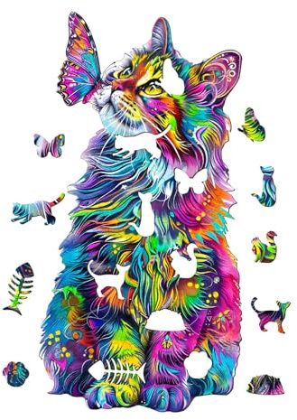 Holzpuzzle Erwachsene und Kinder, Colorful cat Unregelmäßig Einzigartige Puzzle, Holz Puzzle Erwachsene Mit Geschenkbox Aus Holz (M-140 Stück)