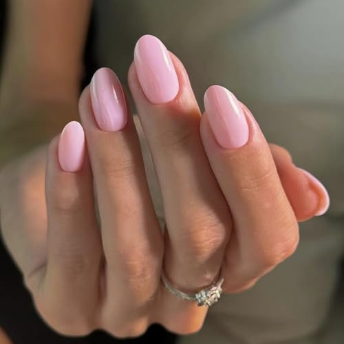 KQueenest Baby Rosa Press On Nails Kurz, Acryl Nägel zum Aufkleben Kurz Runde, Einfarbig Fake Nails Mandel Fingernägel zum aufkleben, Glänzende Gel Kunstnägel für Frauen Alltagstauglich 24 Stück