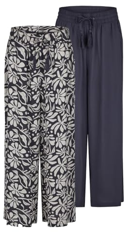 DENIMFY Palazzo DFKate Lot de 2 pantalons d'été pour femme Coupe ample 7/8 Pantalon d'été en tissu léger Longueur cheville Taille élastique Motif uni Viscose Vert Blanc Beige Noir Bleu marine Tailles