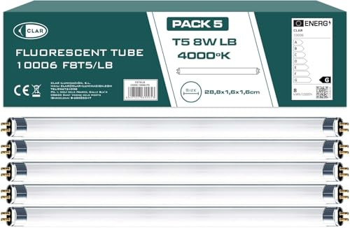 CLAR – Fluorescerande ljusrör, T5 glödlampa, fluorescerande ljus, T5 8W fluorescerande rör, 28,8 x 1,6 cm (8 Watt T5, paket 5)