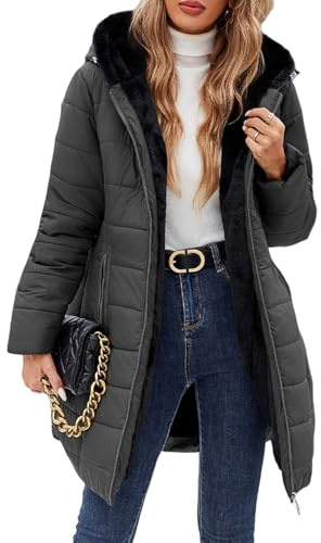 Yuson Girl Manteau Femme Longue Matelassé Polaire Doublé Manteau Hiver Veste Épais Chaud Parka Manteau Blouson Zippé à Capuche Hooded Coat Elégant Veste Imperméable Outercoat(Gris foncé, M)
