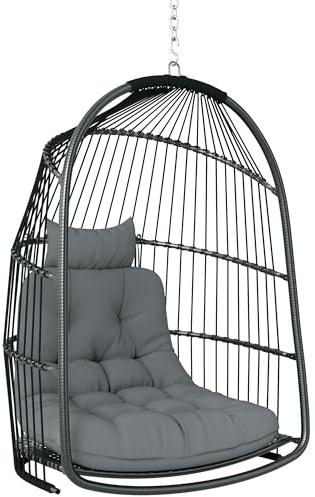 Outsunny Hängesessel Polyrattan mit Kissen faltbar bis 150kg Dunkelgrau | Schaukel, Hängekorb, Indoor Outdoor, Korbhängesessel, Hängeschaukel, Hängestuhl, für Balkon Terrasse Wohnzimmer