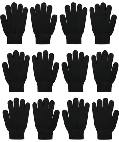 OnlyBee 6 Pairs of Winter Gloves for Mens Women’s Older Children Unisex Magic Stretch Black Mittens One Size Fits Most Men Ladies
