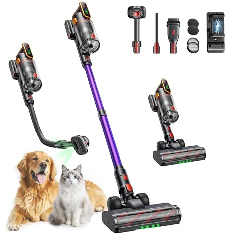 Fieety Akku Staubsauger 600W/50kPa/65Min, Staubsauger Kabellos mit Tierpflegebürste, 1M Schlauch, Wandladestation, 8-Schicht-Filtration Aromatherapie Ultraleise für Tierhaare, Teppich, Hartböden, Auto