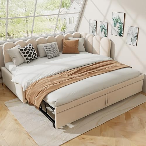 Merax 2-in-1 Multifunktions-Schlafsofa (90/180 x 200 cm), Samtrosa Polsterbett, ausziehbares Gästebett, platzsparendes Design, bequem für Kinder & Gäste, Beige (Ohne Matratze)