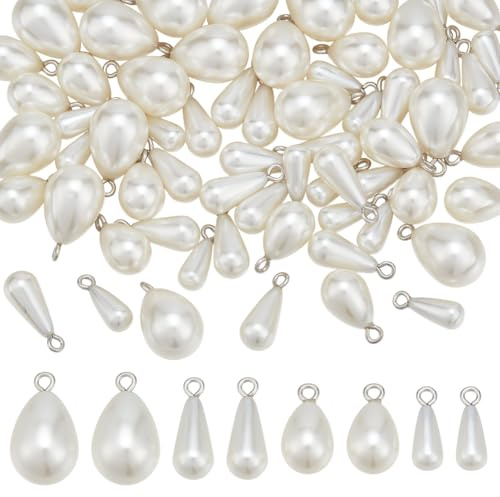 PH PandaHall 4 Sizes Teardrop Pearl Pendants 64pcs White Pearl Charms Water Drop Pendants Pearls Beads Charms for Dangle Necklace Earring Bracelet DIY Craft, 12.5/13/16.5/17mm