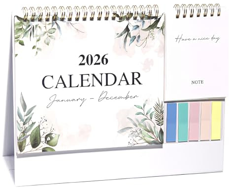 Riceel Desk Calendar, Family Calendar UK from Jan to Dec 2026 Double-Sided 250g Paper Sturdy Triangular Stand-up Calendar Dual Coil Design with Notes & Sticky Notes for Home, Office & School (Green)