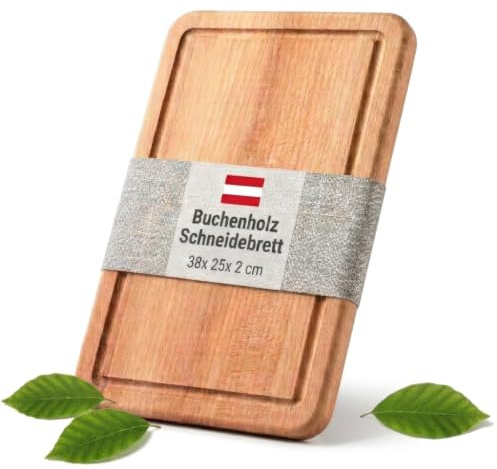 wohhwo Premium Buche-Schneidebrett, Massivholz, Geölt mit Hartölwachs von Complex, 38 x 25 x 2 cm, mit Saftrille, Österreichische Handwerksqualität, für Küche und Servieren, beidseitig verwendbar