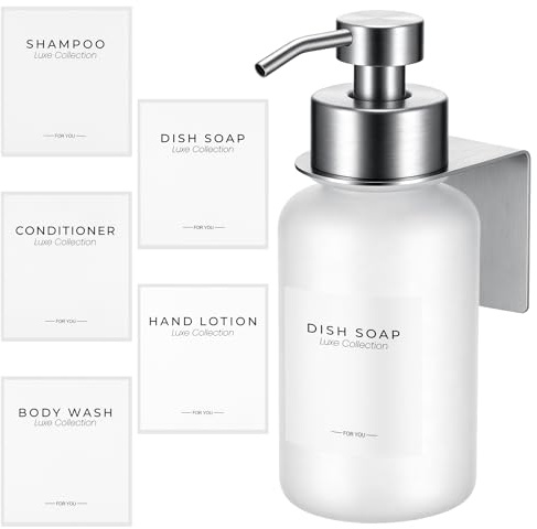Hejo Glas Seifenspender Wandhalterung, 400 ml Mattierter Spender Wandbefestigung Ohne Bohren, Edelstahl Pumpspender für Küche Badezimmer, Seifenspender für Shampoo Conditioner Duschgel(Weiß/Silber)