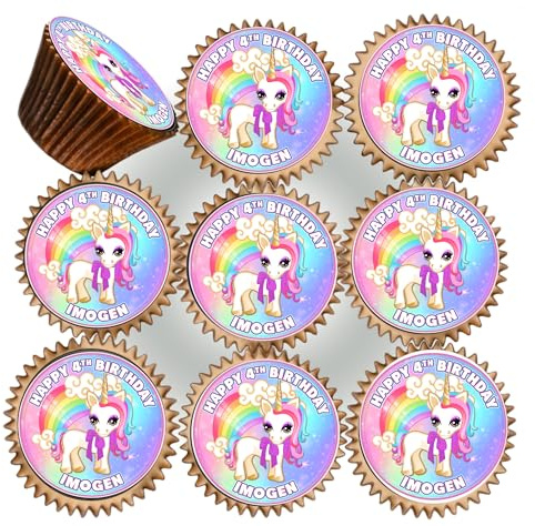 30 x RAINBOW UNICORN BIRTHDAY PERSONALISED EDIBLE ICING 3.8 cms CUPCAKE TOPPERS DECORATIONS PK-249