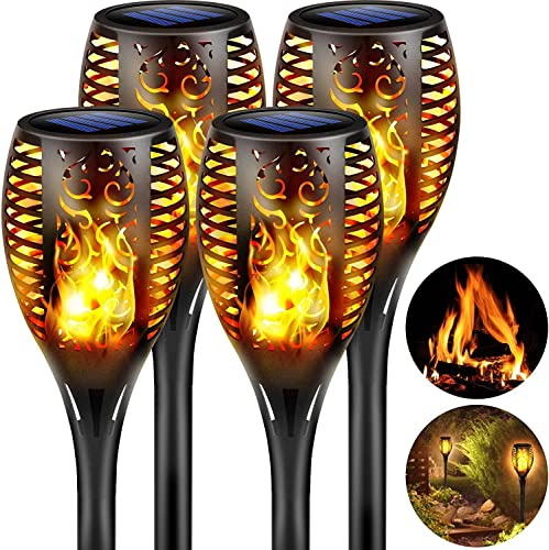 Jimhaby Solar Lights Outdoor Garden, 4 Pack Solar Flame Light 33 LED Warm Flickering Flames Lights, IP65 Waterproof Torch Light Garden Ornaments Auto On/Off for Pathway Lawn Yard Decoration