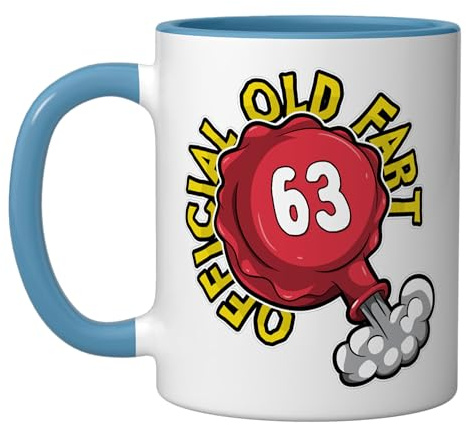 63rd Birthday Official Old Fart Funny Red Whopee Cushion Ceramic Mug, Blue/White