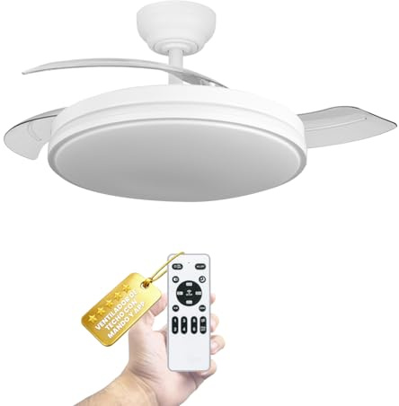LUMIKING Ventilador de Techo con Luz LED 60W y Aspas Retráctiles 107 cm – Motor DC Silencioso, 6 Velocidades, Mando a Distancia, Regulable 3000-6500K, Temporizador, Blanco/Madera (Blanco)