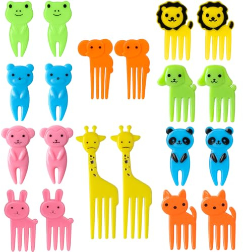 20 mini tenedores de frutas para niños, diseño de animales de dibujos animados 3D, tenedores reutilizables para comida con dedos, accesorios bento, tenedores de postre de plástico para fiambrera, té