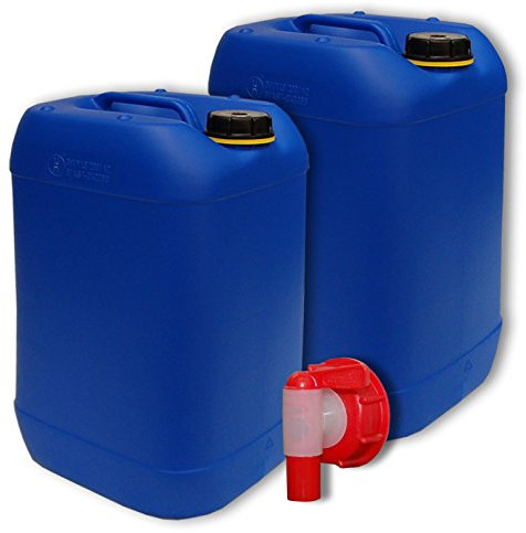 Lote de 2 bidones de polietileno/Jerrycan 20 L Azul HDPE DIN 61 calidad alimentaria + 1 grifo aeroflow (2x22048+22010)