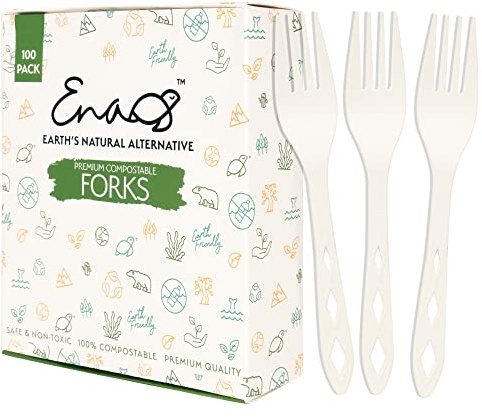 100% Compostable Non Plastic Forks [100 Pack] CPLA Disposable Forks. Non Plastic Silverware Set. Eco-Friendly Cutlery, Off White Flatware, Extra Sturdy Utensils, by Earth's Natural Alternative