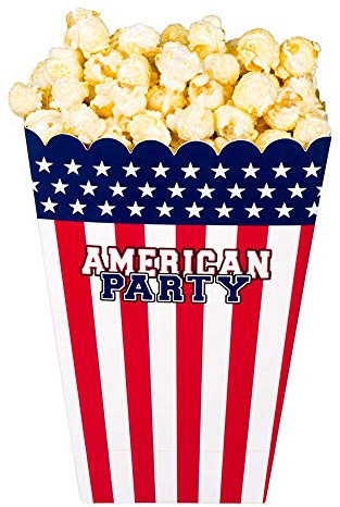 Boland 44959 - Popcornschüssel USA, 4 Stück, umweltfreundlich, Amerika, United States, Popcornbehälter, Süßigkeitenbox, Schale, Schüssel, Tüten, Einwegbehälter, Mottoparty, Kindergeburtstag