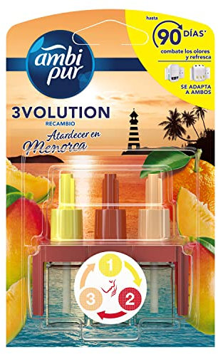 Ambi Pur 3Volution Atardecer En Menorca Recambio De Ambientador Eléctrico 20 ml, 3 Aromas Que Se Alternan Para Combatir Los Olores, El embalaje puede variar