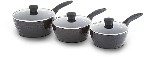 Tower Diamo 3 Piece Cookware Set, 18cm/20cm/22cm Saucepans with Tempered Glass Lids, Black Diamond Non-Stick Ceramic Coating, Black