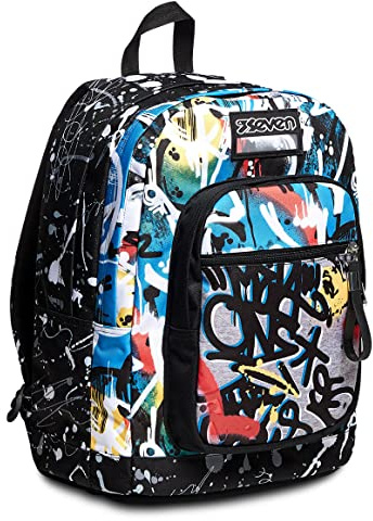 Seven Rucksack, gepolsterter Schulranzen für Schule, Sport und Freizeit, Geräumige Schultasche für Teenager, Mädchen und Jungen, mit Trinkflaschenfach, mehrfarbig, italienisches Design