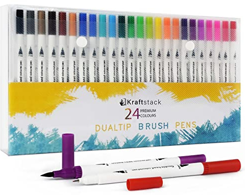 Kraftstack Dual Tip Colouring Pens for Adults and Children (Pack of 24) Dual Tip Brush Pens, Felt Tips for Adult Colouring