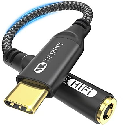 WARRKY USB C to 3.5mm Jack Adapter, USB C Headphones Adapter [Hi-Res DAC, Gold-Plated Connector] for Galaxy S22/ S21/ Note 20/ A53, P50/ Mate 40, Pixel 6, iPad Pro/iPad Mini 6, OnePlus, etc. -Black