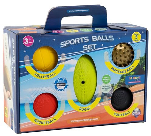 GERARDO'S set di palloni con 5 diversi palloni: pallone da massaggio, mini pallone basket, mini pallone calcio, pallone da rugby e pallavolo. Mini palline da gioco senza BPA e ftalati. Prodotto in UE