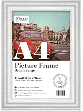 Almost Frameless A4 White Ornate Picture Frame Fits A4 (21 x 29.7cm - 8.3 x 11.7in) Poster, Photo, Artwork, or Print. Shabby Chic Style Portrait and Landscape Display with Wall Hooks