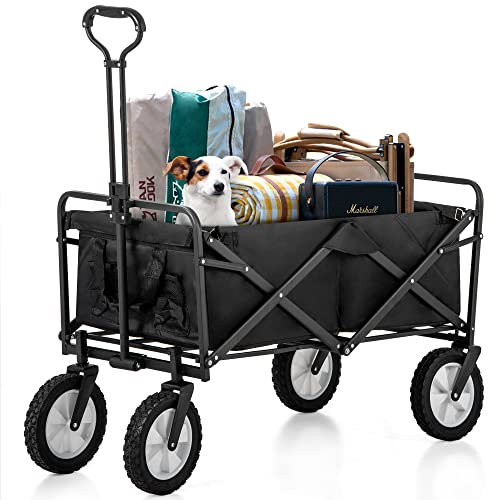 Flieks Faltbarer Bollerwagen klappbar Handwagen, Transportwagen Strandwagen Transportkarre Gartenanhänger Gartenwagen, 360 ° drehbar, belastbar bis 120kg (Schwarz)