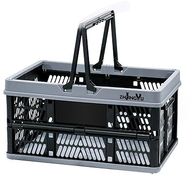ZHJINGYU Klappbox 20L, Klappkiste mit Griff(38*25*20cm) Klappkorb, Einkaufskorb Plastik für Küche Schlafzimmer Badezimmer Büro (Schwarz und Grau)