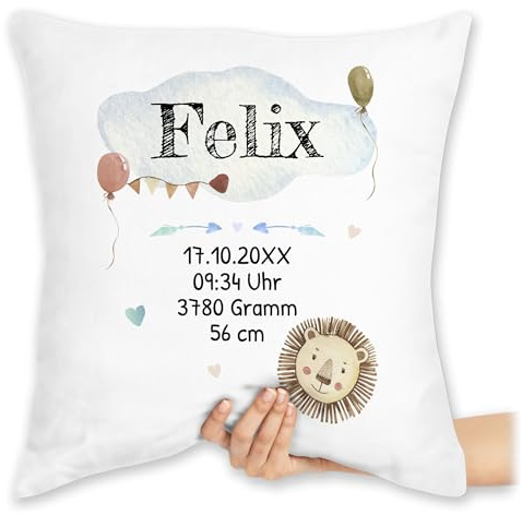 Kissen 40x40 Zierkissen - Geburtsgeschenk Baby Geschenk zur Geburt Junge Löwe - 40 x 40 cm - Weiß - personalisierte Babygeschenk neugeboren Name Pillow geburtskissen Neugeborene Geschenke