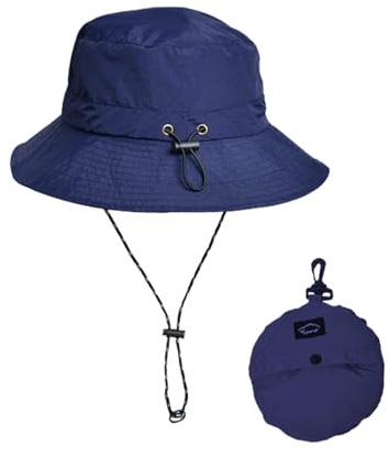 INSISMY Hinkhatt för kvinnor utomhus packbar UV-skydd solhatt justerbar vattentät regnhatt strandhatt med avtagbar hakrem för män kvinnor, Marinblått Xsp, one size