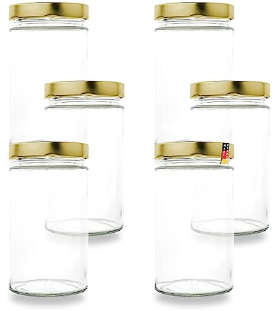 flaschenbauer.de - 6er Set Vorratsgläser 720ml, 82mm Deep-Schraubdeckel, Einmachgläser mit Golden Deckeln, Perfekte Vorratsdosen aus Glas zum Einkochen & Aufbewahren von Obst, Gemüse und Gewürzen