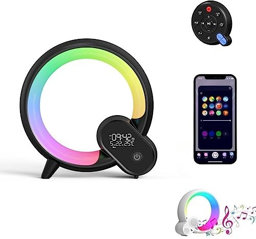 Bammare LED Nachttischlampe Lichtwecker, Wake Up Light Smart Wecker Simuliert, APP Steuerung Sonnenaufgang Bluetooth Lautsprecher, 16 Mio. Nachtlicht 256 Lichtmuster, Schwarz