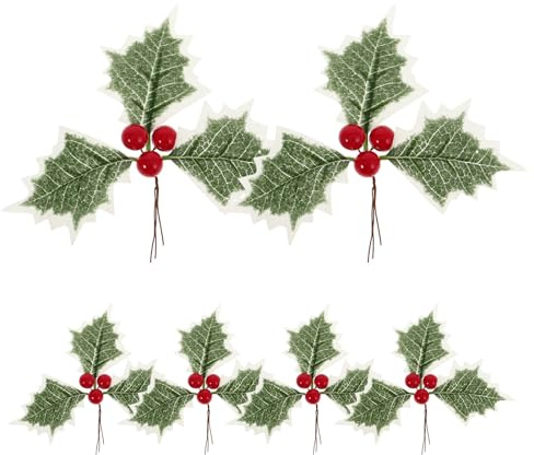MAGICLULU 6pcs Artificial Holly Berries with Green Silk Leaves Green Leaves Christmas Holly Berry for Wreath Garland Party Home