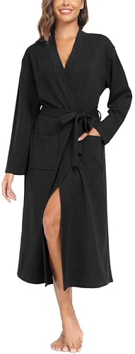 Sopesil Accappatoio Donna in Cotone Kimono Con Scollo a V Manica Lunga Abito Notte Con Tasche, L, Nero