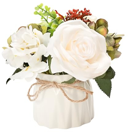 Yorkmills Artificial Flowers with Vase, Fake Flowers Silk Rose Bouquets Arrangements in Ceramics Pot Table Centerpieces Decoration for Home Dining Room Wedding Decor