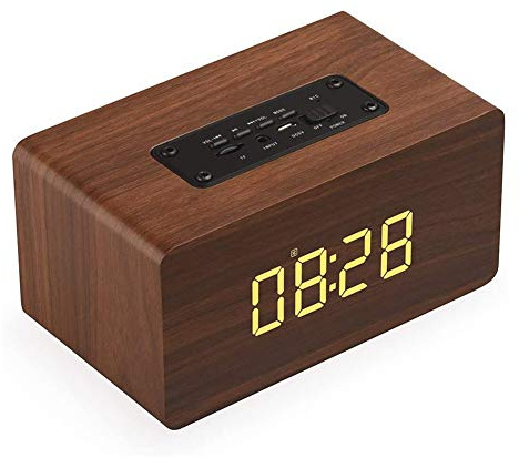 ERNZI Radio-réveil de Chevet, réveil numérique en Bois sans tic-tac avec Haut-Parleur et Microphone Bluetooth, Prise en Charge de la Batterie 1500mAh, Lecture 40 Heures,Marron