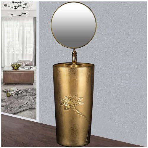 ZTGL 42x42x80cm Keramik Standwaschbecken mit Wasserhahn und Abflussgarnitur, glänzendes Gold, Rund Freistehendes Standwaschtisch Waschplatz, Pflegeleicht,with Mirror