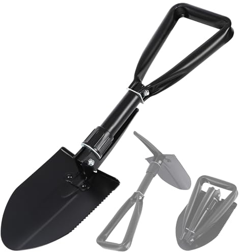 REDCAMP 18 Mini Survival Folding Camping Shovel with Cover, Manganese Steel Tri-Fold Handle Portable Tactical Shovel for Hiking, Beach, Mud, Snow, Lightweight 1.5Lbs Black