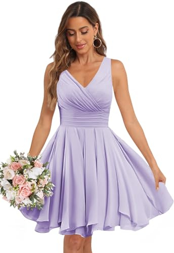 Lvloet Short Bridesmaid Dresses for Women Sleeveless Pleated Chiffon V Neck A Line Knee Length Formal Evening Party Gowns