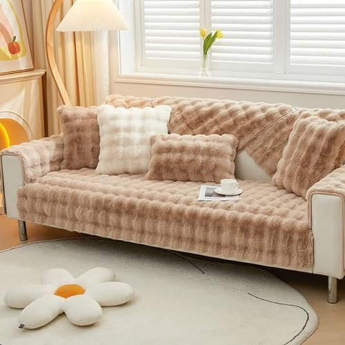 Upgraded Couch Covers- Thick Fuzzy Fleece Non-Slip Sofa Cover,Non Slip Sofa Cover, Autumn Winter Washable Sectional Cosy Plush Couch Cushion Cover for Living Room (Color : Brown, Size : 90 * 120CM)